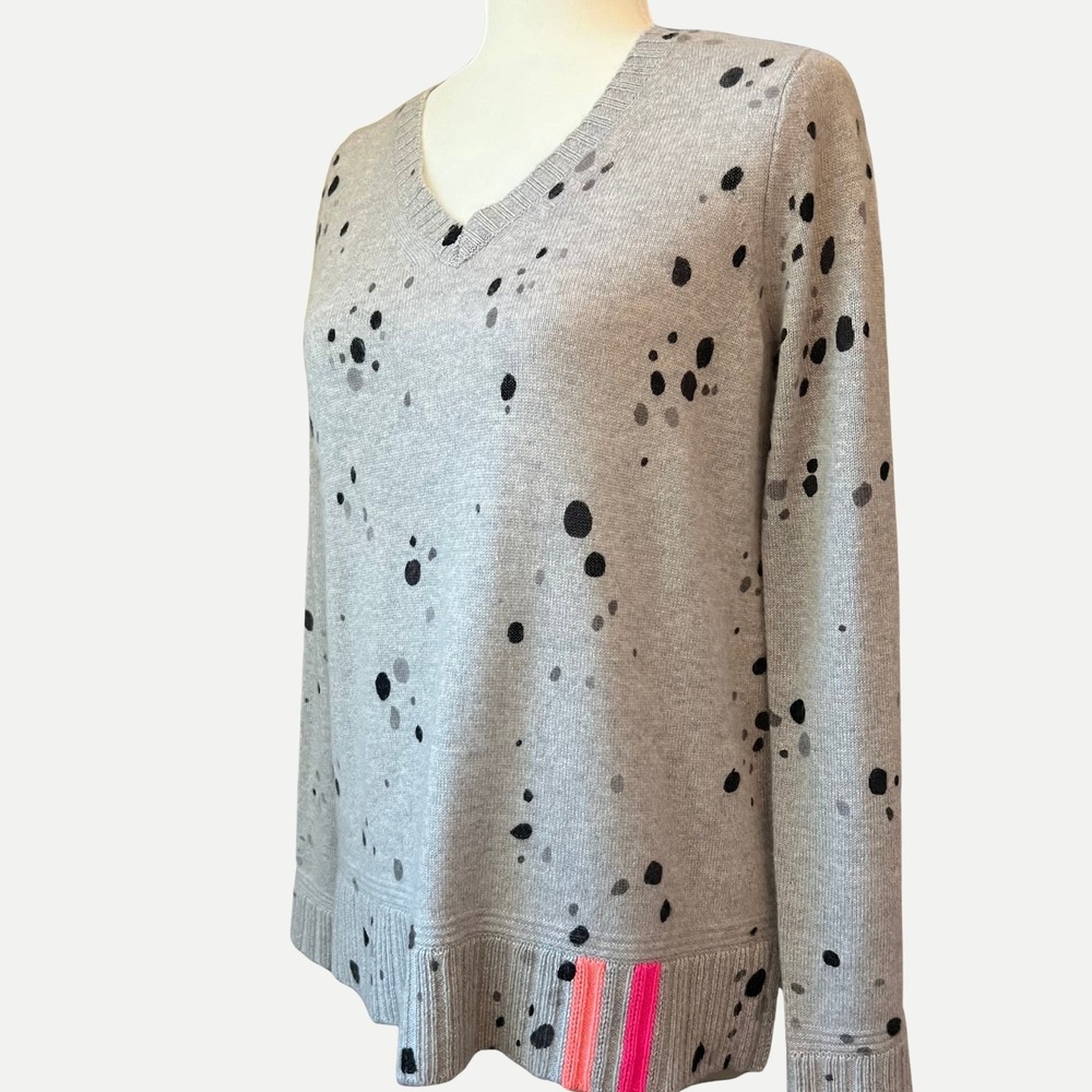 Lisa Todd 100% Cashmere Splatter Print Sweater Gray Black‎ Paint Dot V-Neck - Picture 2 of 6